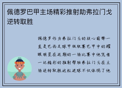 佩德罗巴甲主场精彩推射助弗拉门戈逆转取胜